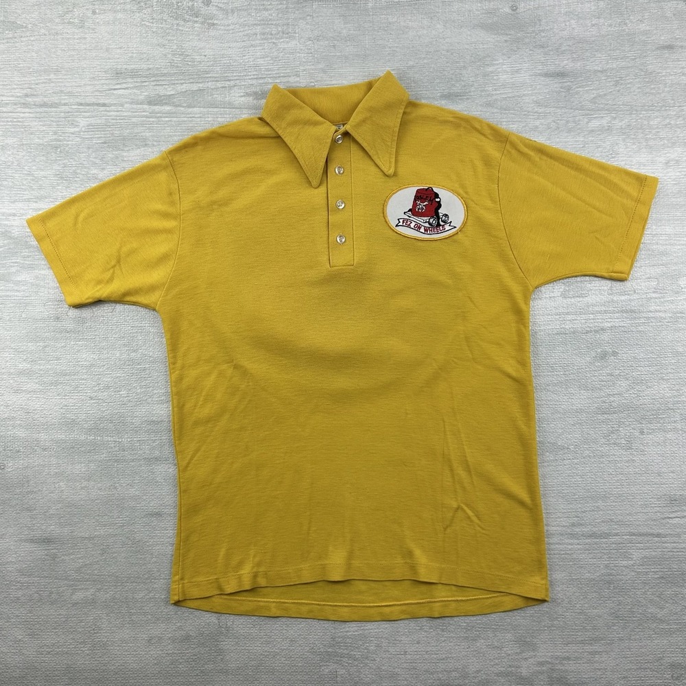 Vintage 70s Fez On Wheels Shriner Polo Shirt Medium Logo 7 Yellow Masonic Patch